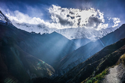 Scenic view of snowcapped mountains against sky