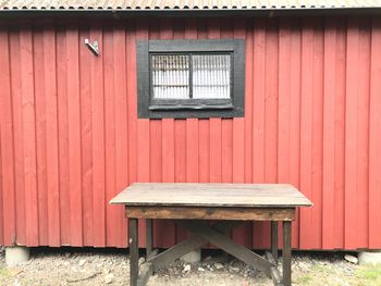 Empty bench against brick wall of building