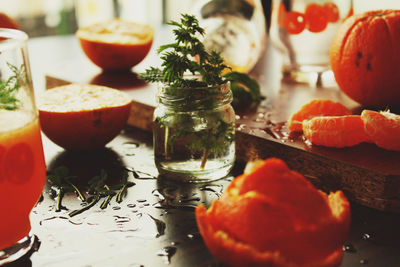 Close-up of jar with fruits on table