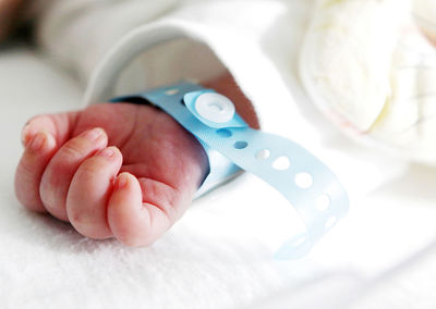 Cropped hand of newborn baby with name tag