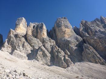 Low angle view of rocks against blue sky