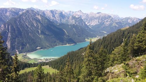 Scenic view of river and mountains