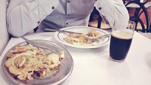 High angle view of food served on table