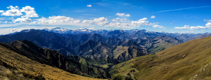 Scenic view of mountains against cloudy sky