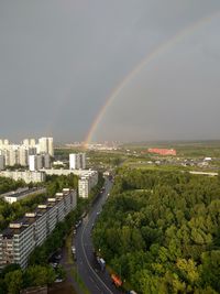 Panoramic shot of rainbow over city buildings