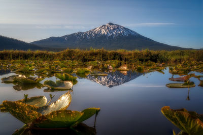 Scenic view of lake by mountains against sky