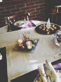 High angle view of breakfast on table