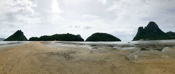 Panoramic view of rocks on beach against sky