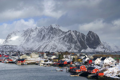 Snowcapped mountains against sky during winter