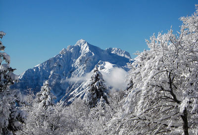 Snowcapped mountains against clear blue sky