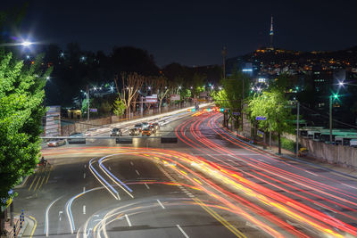 Light trails on road at night