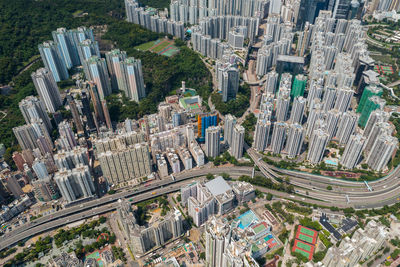 High angle view of buildings in city