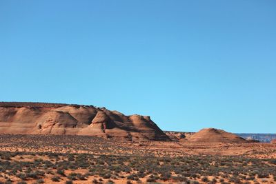 Rock formations on landscape against clear blue sky