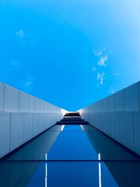 Low angle view of modern building against clear blue sky