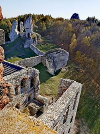 High angle view of old ruins against sky