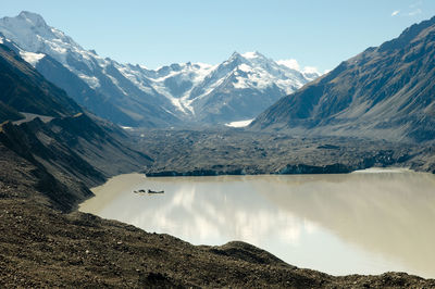 Scenic view of lake by snowcapped mountains against sky