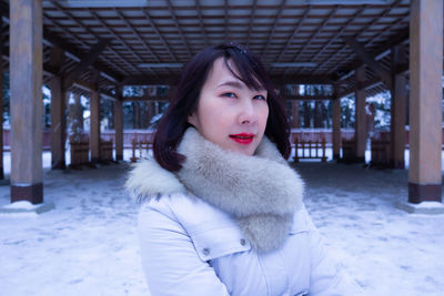 Portrait of woman in snow