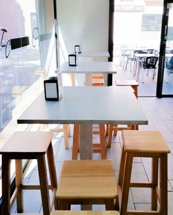 Empty chairs and tables in restaurant