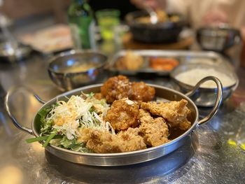 High angle view of food in plate on table