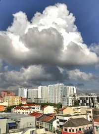 High angle view of buildings in city against sky