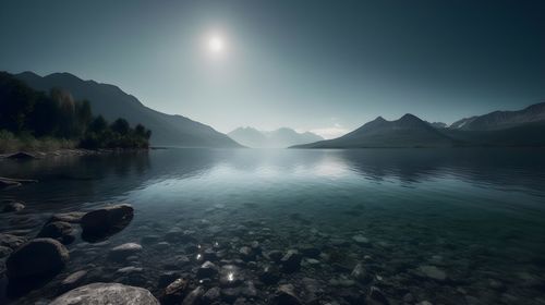 Scenic view of lake and mountains against sky