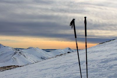 Two trekking sticks stuck in the snow. sport concept