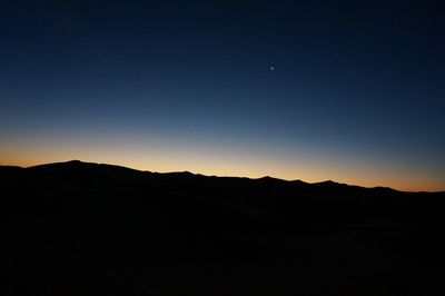 Scenic view of silhouette mountain against clear sky at sunset