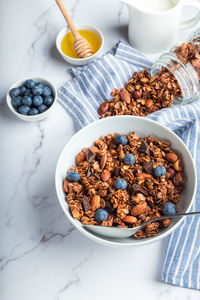 High angle view of breakfast on table