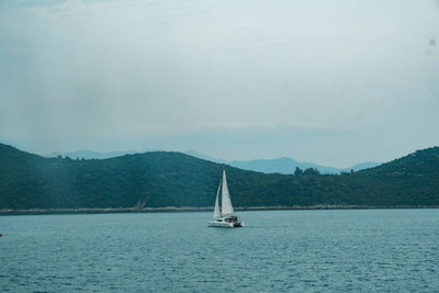 Sailboat sailing on sea against sky