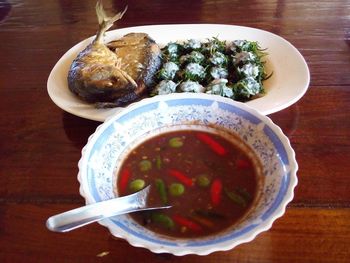 High angle view of soup in bowl on table