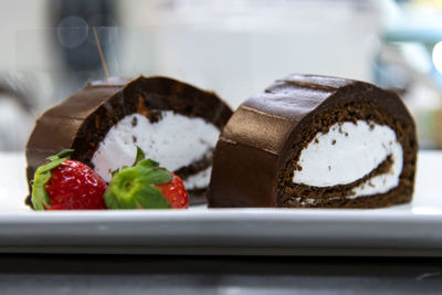 High angle view of chocolate cake on plate