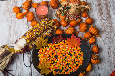 High angle view of pumpkins on table