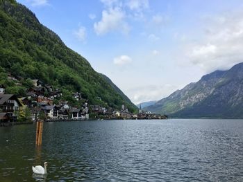 Scenic view of lake by mountains against sky