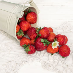 High angle view of strawberries on table