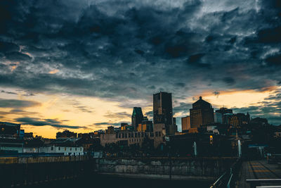 Cityscape against cloudy sky during sunset