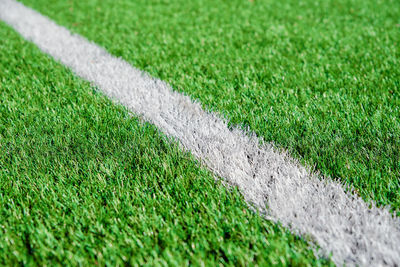 Green grass on sport field with white line