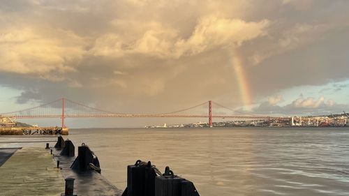 Suspension bridge over sea against cloudy sky