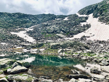 Scenic view of lake and mountains against sky