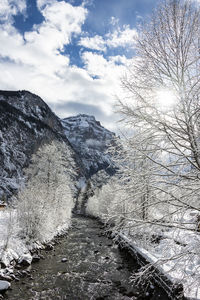 Scenic view of snow covered mountains against sky