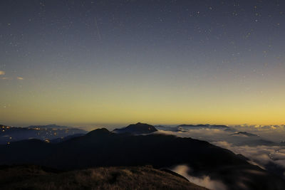 Scenic view of mountains against clear sky at night