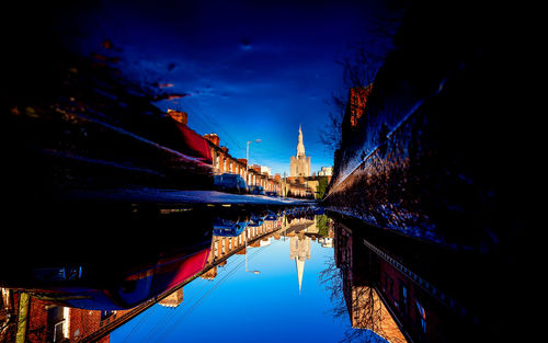 Reflection of illuminated trees on water at night