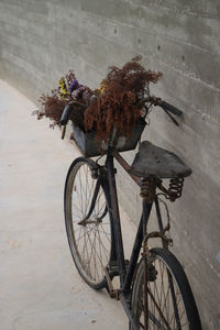 Bicycle on street against wall