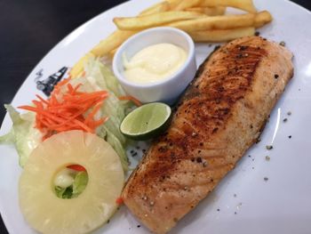 High angle view of breakfast served on table