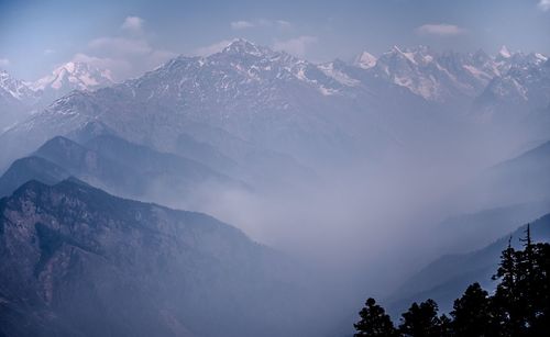 Scenic view of mountains against sky during winter