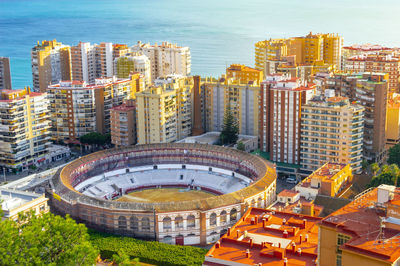High angle view of buildings in city