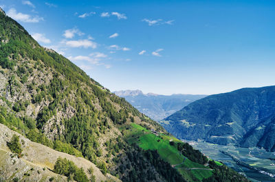 Scenic view of mountains against blue sky