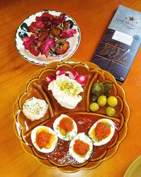 High angle view of breakfast served on table