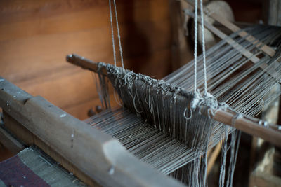 High angle view of loom in workshop