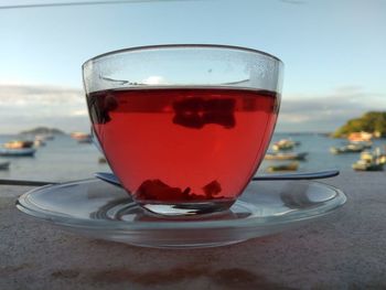 Close-up of tea in glass on table