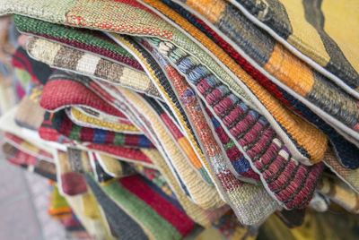 High angle view of multi colored rug at market stall